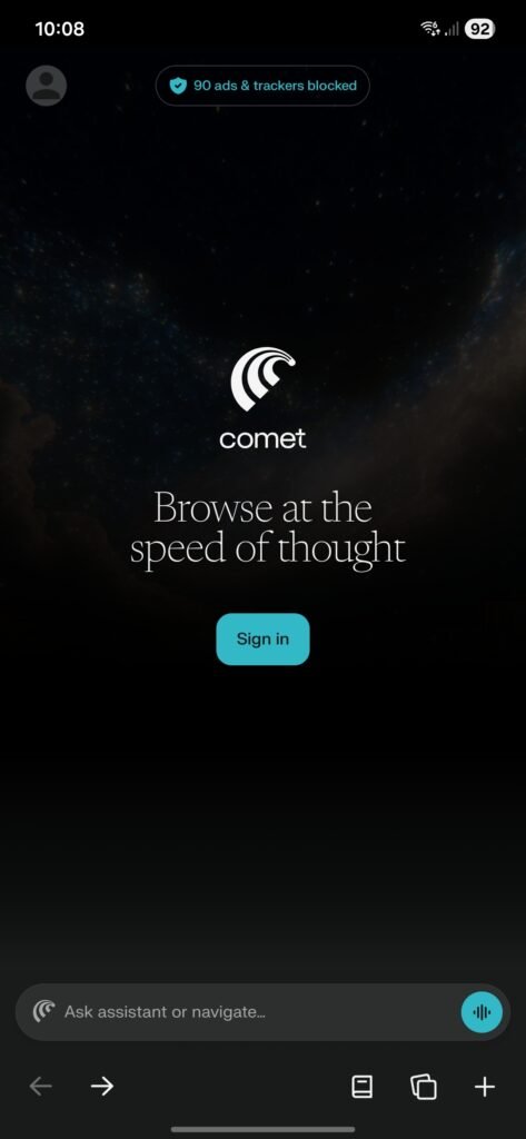 Comet Ai browser interface with sign-in option