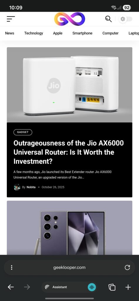Geek Looper web site on Comet AI Browser for android